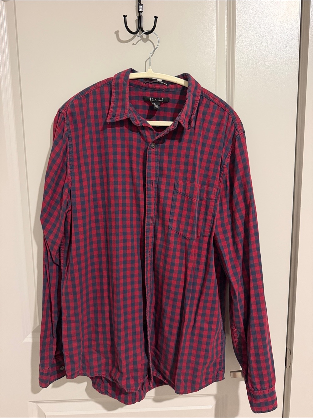 Men's Red and Navy Check Long-Sleeve Shirt